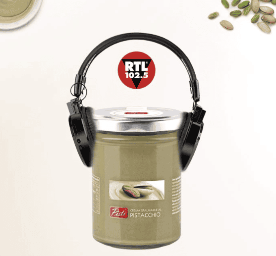 Cream of pistachio with radio headphones.