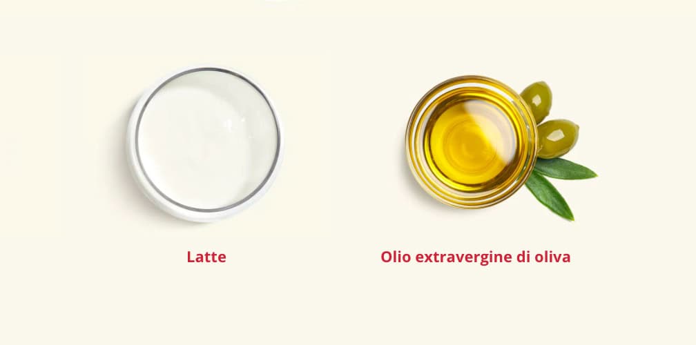 Glass of milk and a bowl of extra virgin olive oil with olives and leaves.