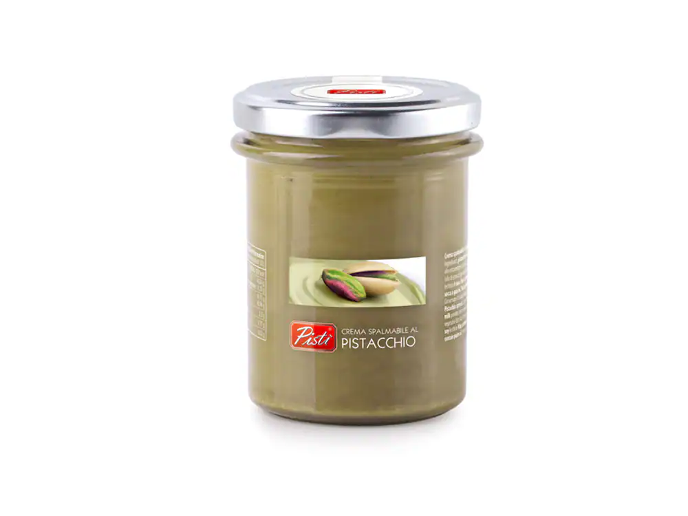 Pistachio spread in glass jar, artisanal Sicilian sweet from Pistì.