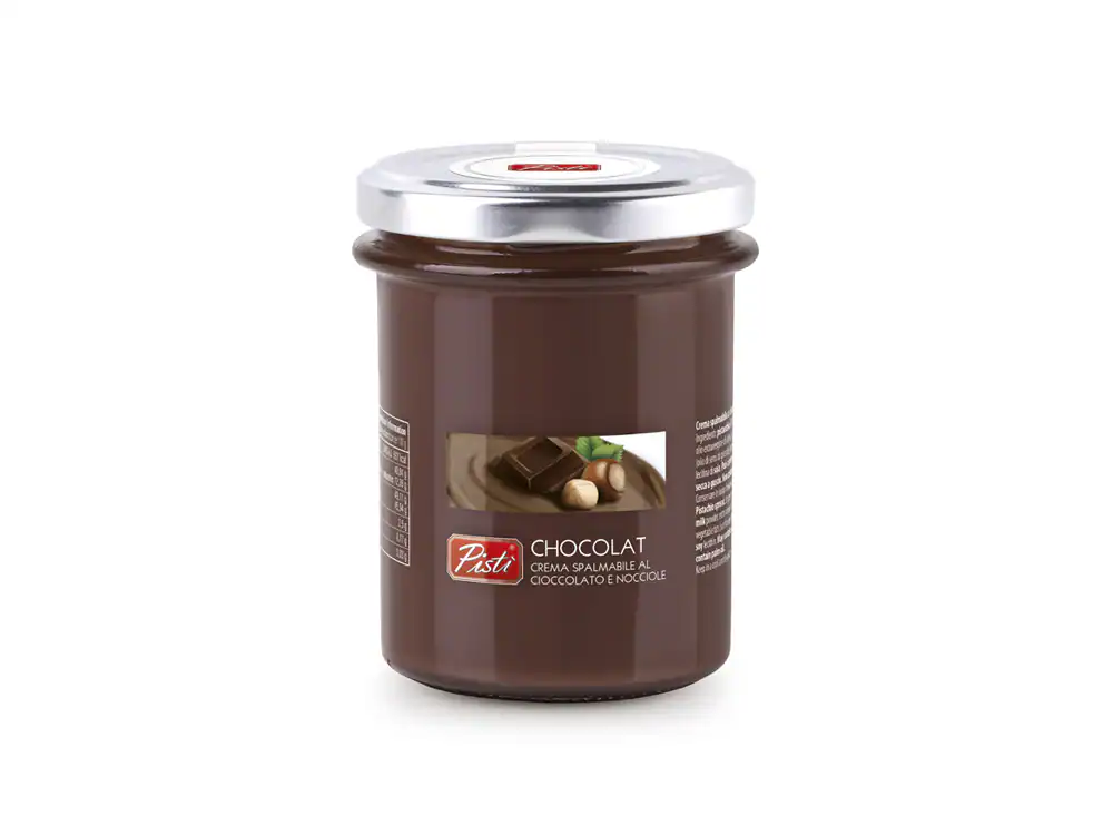 Creamy chocolate and hazelnut spread in a jar.