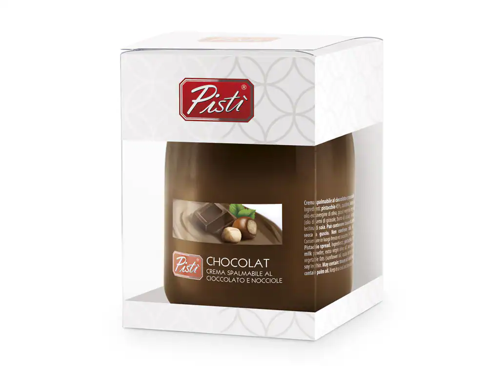 Pistì artisanal chocolate spread in glass jar with packaging.
