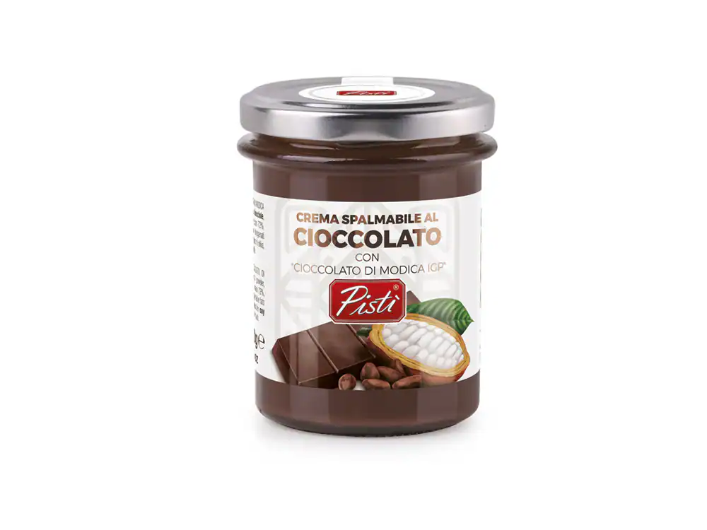 Pistì chocolate spread with hazelnuts in a glass jar, artisanal Sicilian sweet.