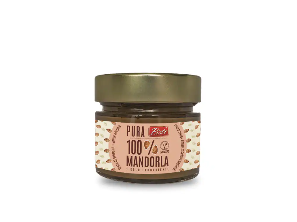Organic 100% almond spread in glass jar, Pistì Mandorla Pura.