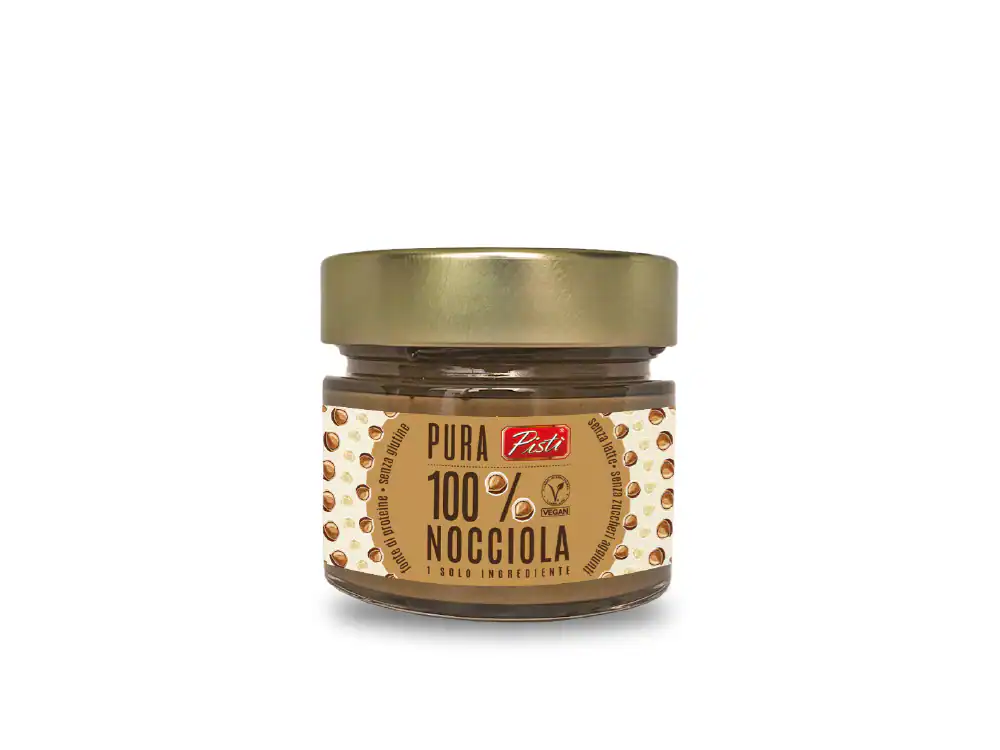 Jar of Pistì Pura Nocciola 100% hazelnut spread, artisanal Sicilian product.