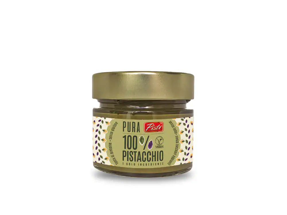 Artisanal pistachio spread jar from Sicily, Pisti brand.