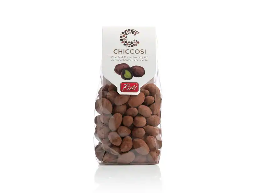 Sicilian hazelnut and cocoa chocolate chips in a clear bag.