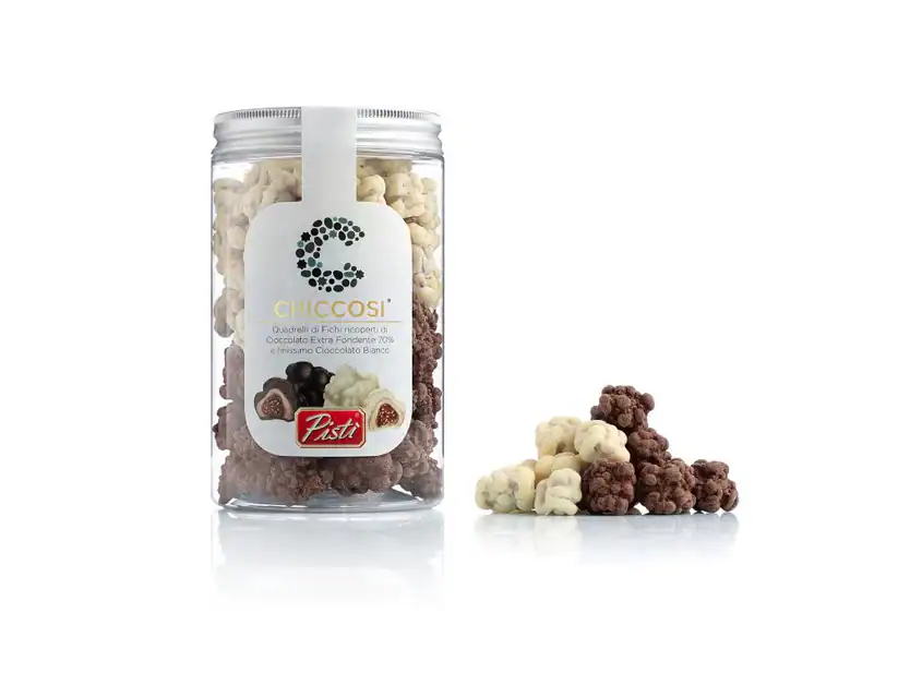 Artisan Pistì chocolates with white and dark chocolate flavors.