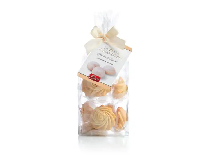 Traditional Sicilian almond sweets in a clear gift bag.