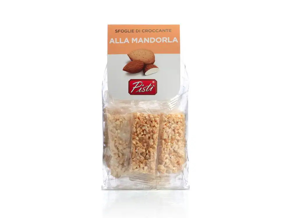 Sicilian almond croccantini snacks in clear packaging, artisanal sweet treat.