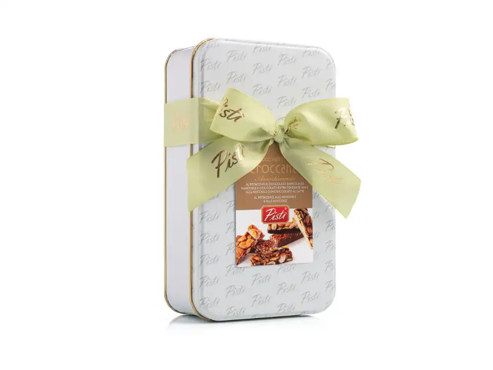 Elegant tin box of Pistì artisanal Sicilian sweets with ribbon.