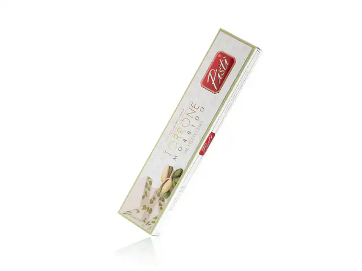 Pistì pistachio nougat bar in elegant packaging, Sicilian artisanal sweet.