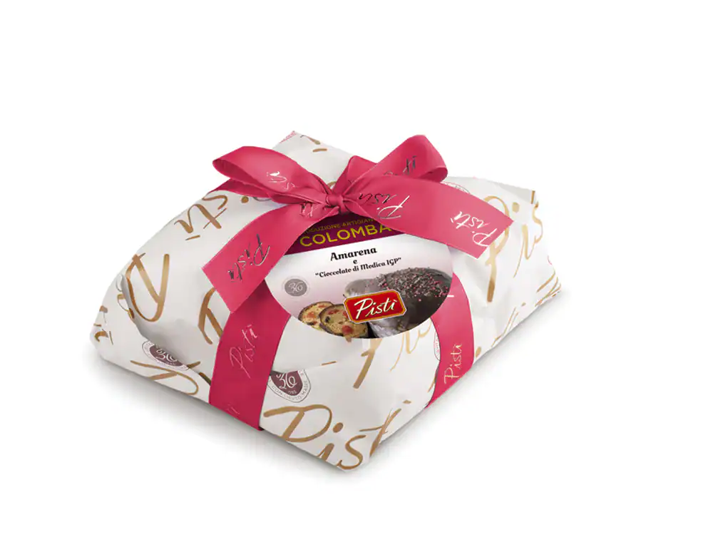 Elegant gift box of Pistì Amaretti with pink ribbon, Sicilian artisanal sweets.