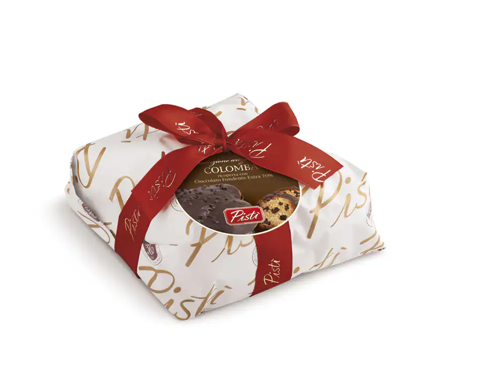 Elegant gift box of Sicilian artisanal sweets with Pisti branding and red ribbon.