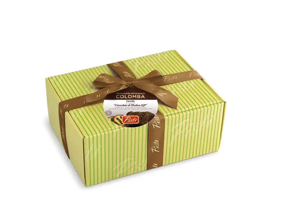 Sicilian Colomba cake in decorative gift box with ribbon.