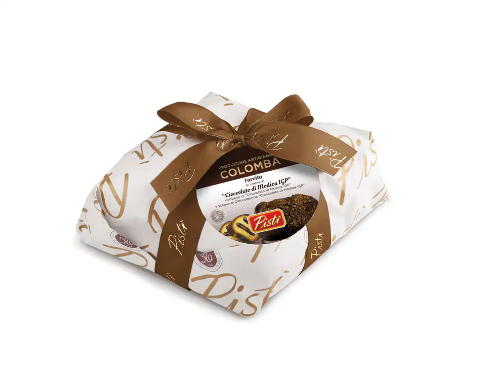Artisanal chocolate and hazelnut Sicilian sweet wrapped with a ribbon.