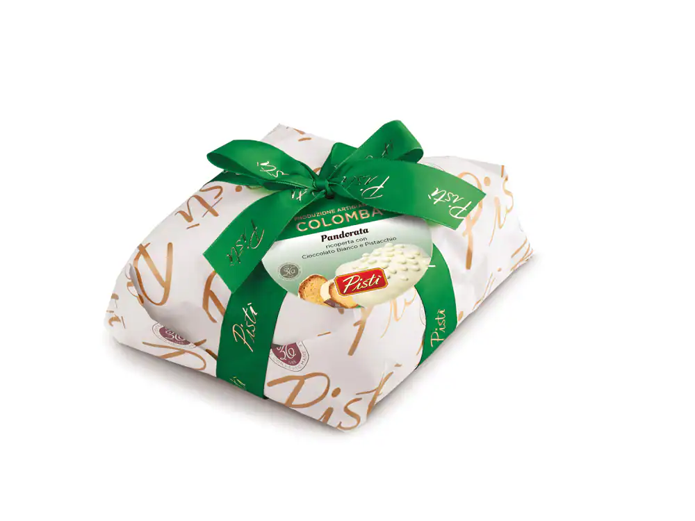 Pistì Colombina Pandereta, traditional Sicilian sweet, wrapped in elegant paper with green ribbon.