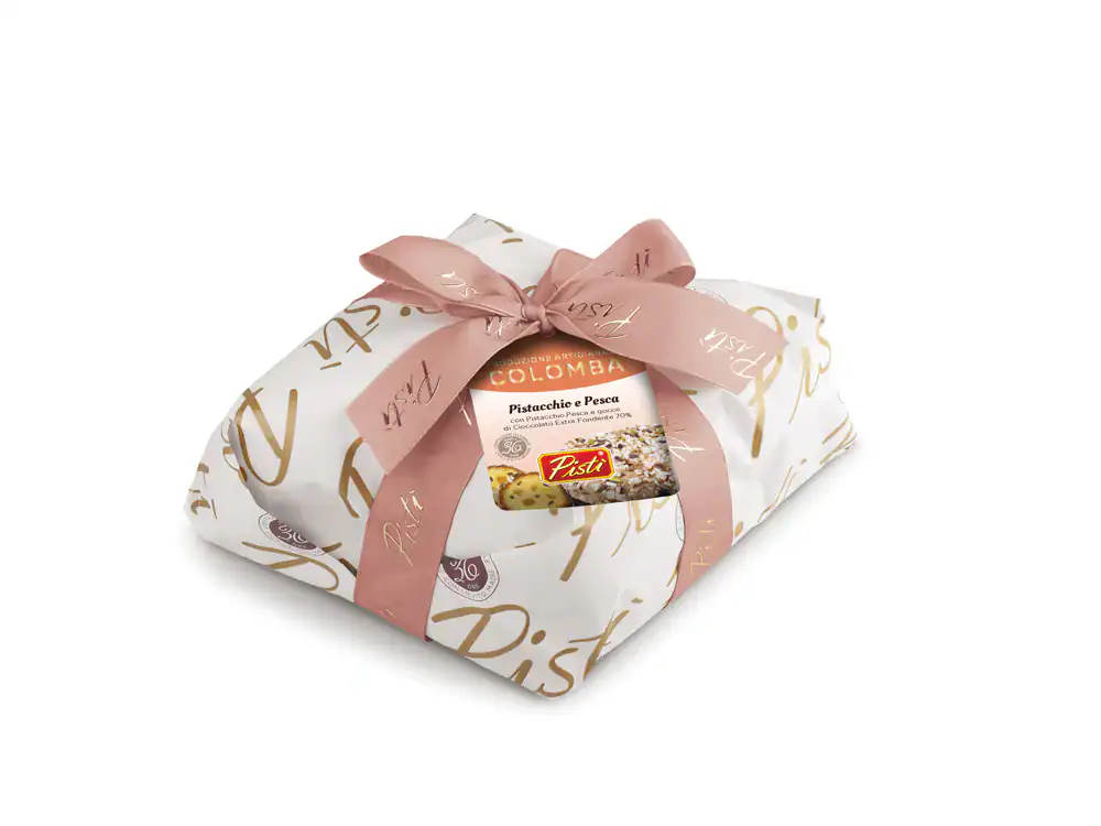 Elegant gift box of Pistì Sicilian artisanal sweets with pink ribbon.