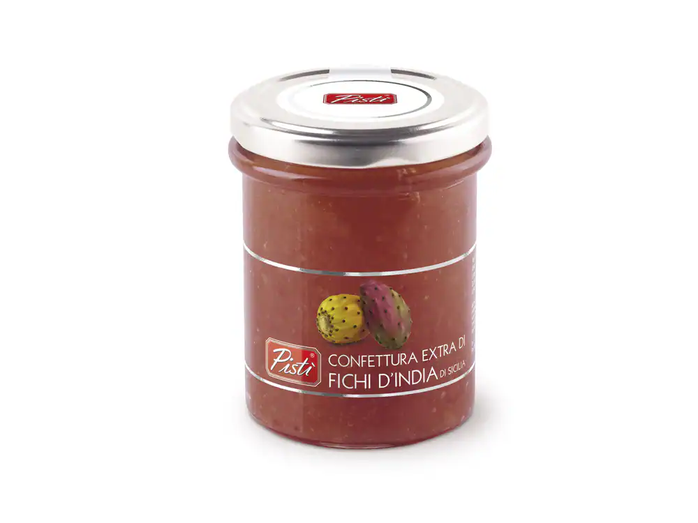 Jar of Indian fig jam with fresh fig images on label, artisanal Sicilian sweet.