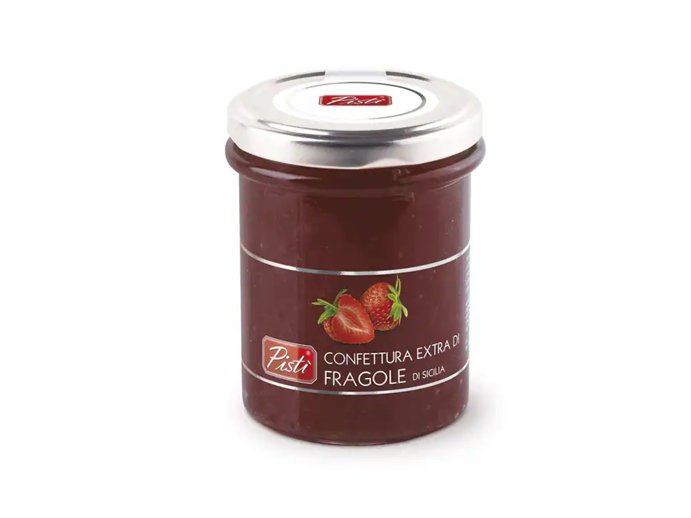 Delicious strawberry jam in a glass jar, artisanal Sicilian recipe.