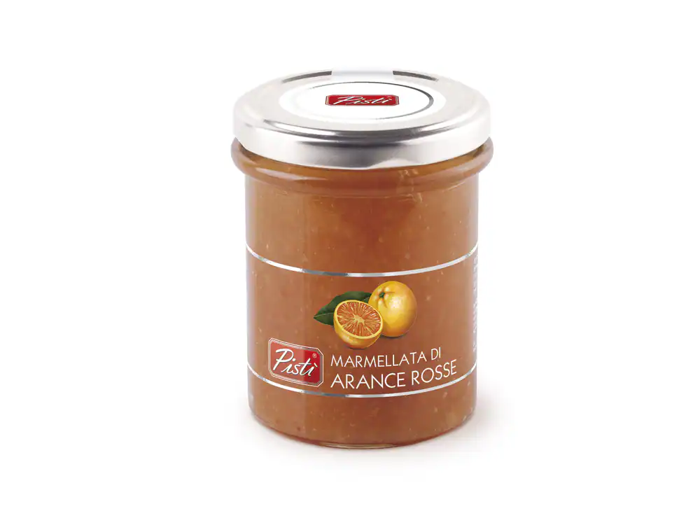 Jar of Sicilian red orange marmalade with fresh oranges on label.