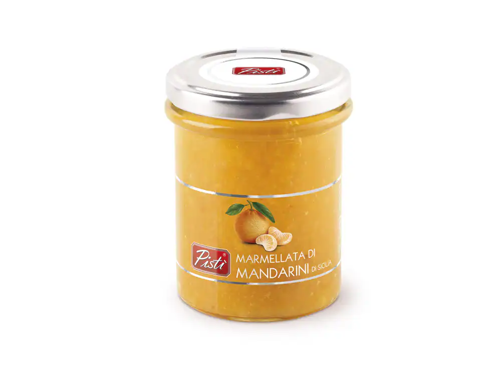 Jar of Sicilian mandarin marmalade with label and silver lid.