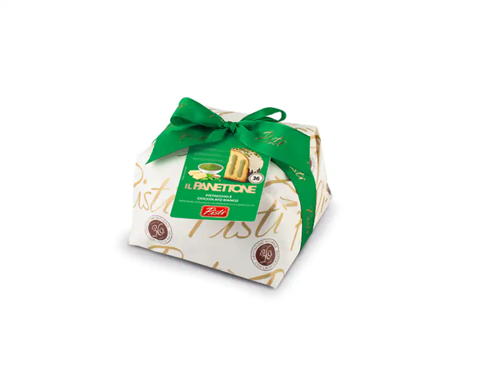 Traditional Sicilian Panettone wrapped with a green ribbon, artisanal quality.