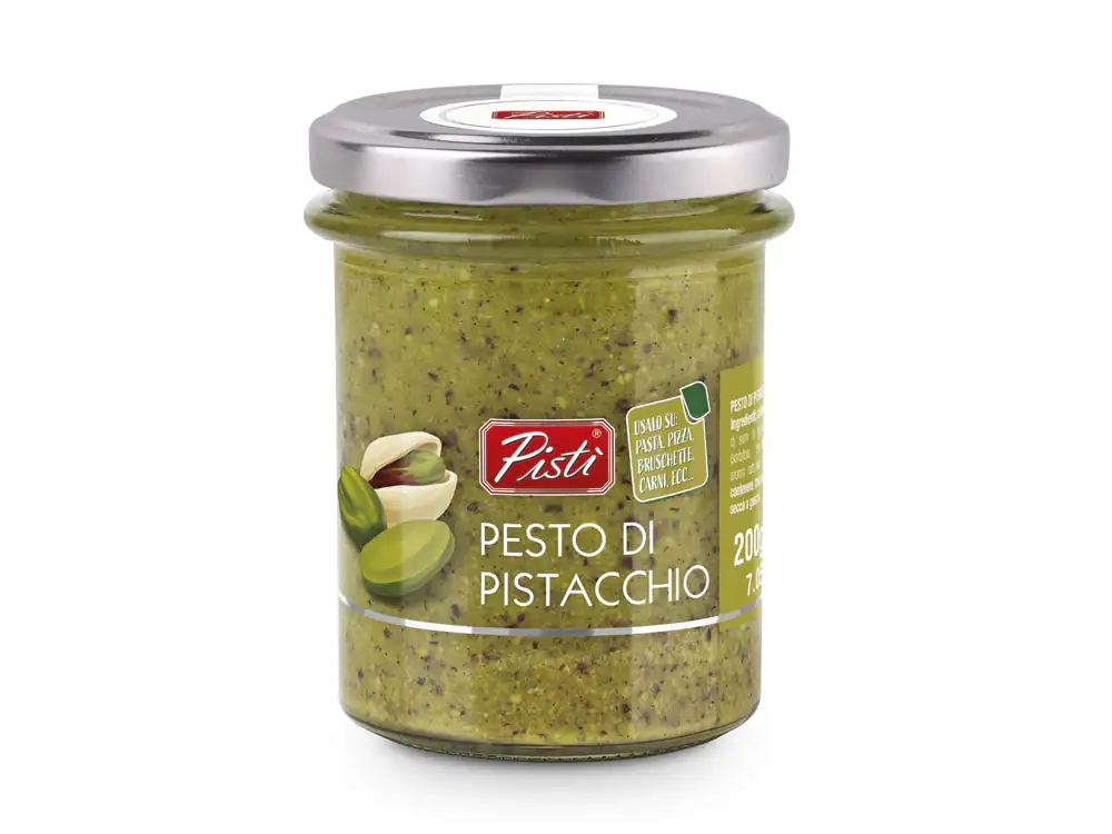Pesto di pistacchio in jar, Sicilian artisanal spread.