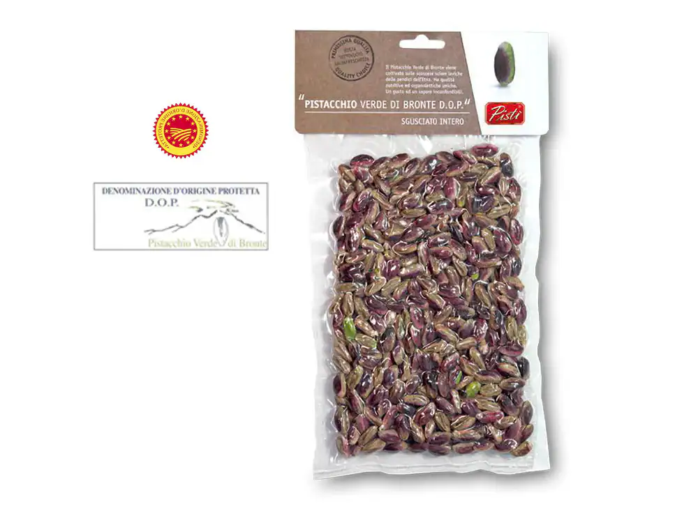 Pistachio Green D.O.P. in sealed package, authentic Sicilian artisanal pistachios.
