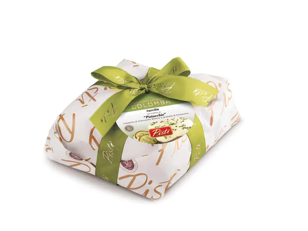 Wrapped Sicilian artisanal sweet by Pistì with green ribbon.