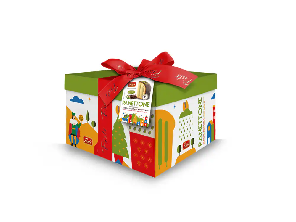 Festive Panettone gift box with colorful holiday design and red ribbon.