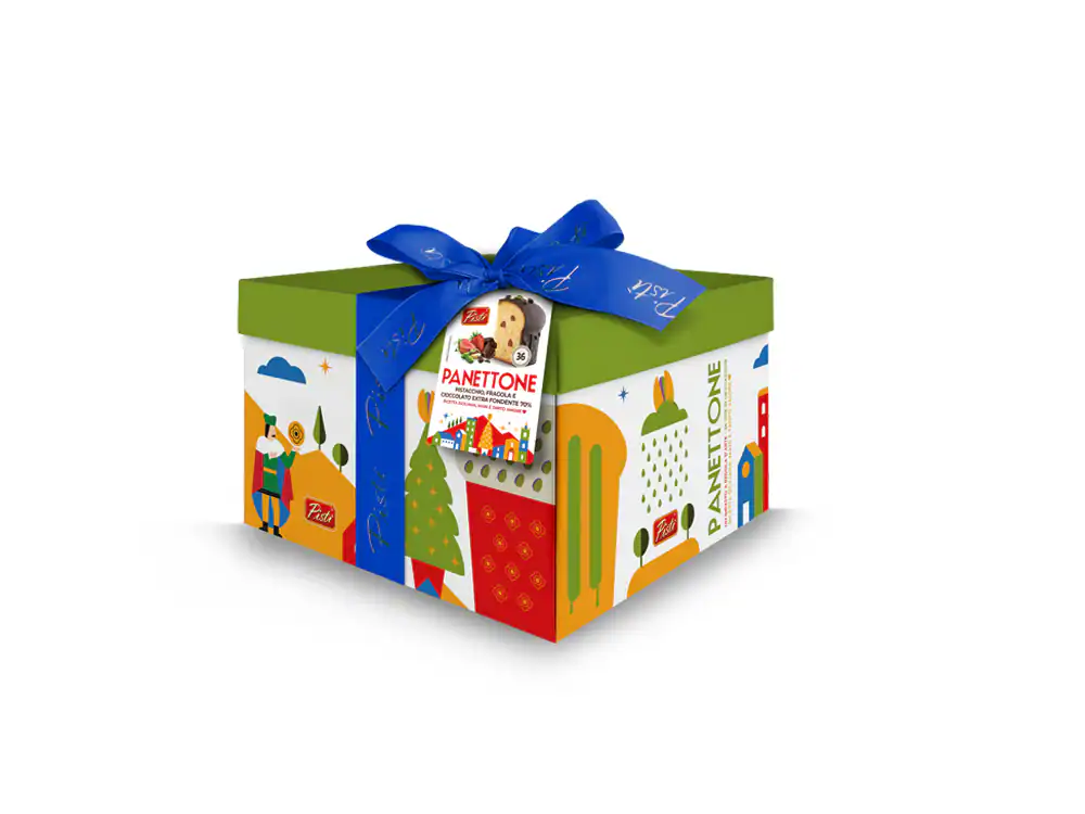 Delicious artisanal panettone in a festive gift box with a blue ribbon. Perfect for holidays and spe.