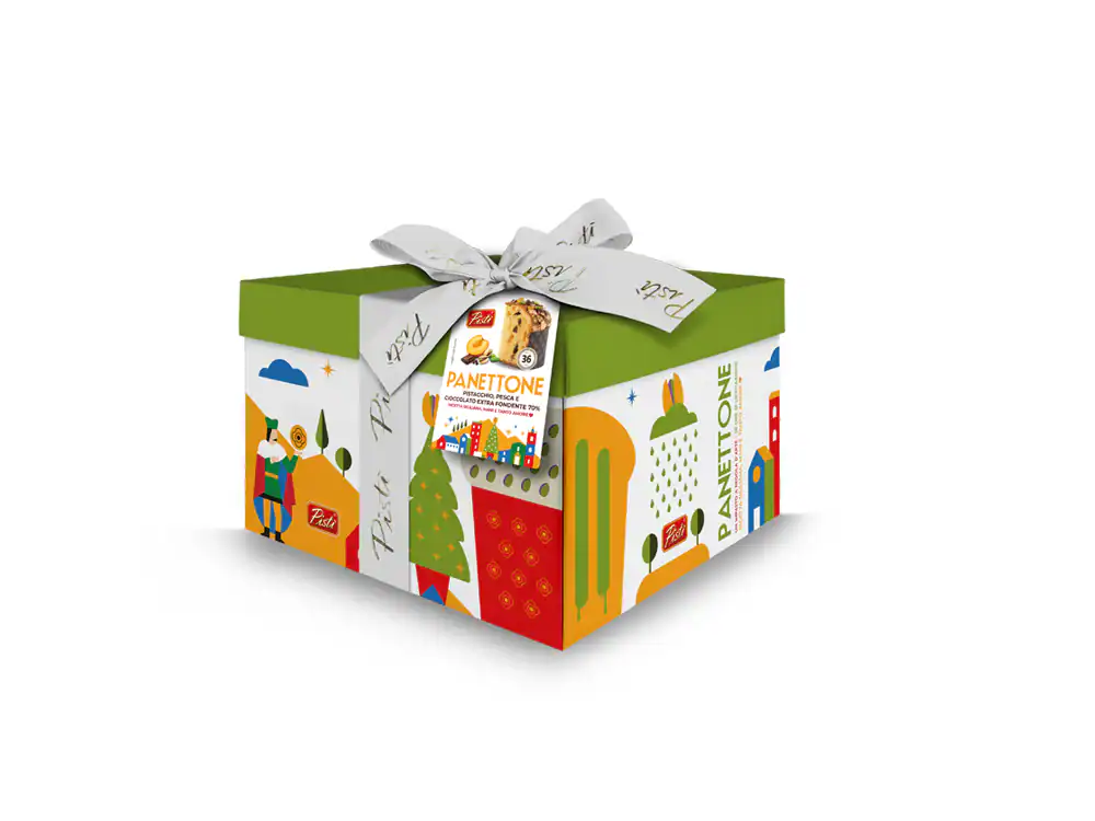 Decorative gift box containing artisanal Sicilian Panettone with colorful holiday design.