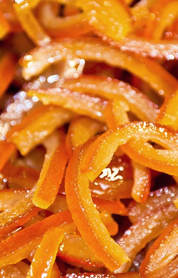 Close-up of candied orange peels, Sicilian artisanal sweet.