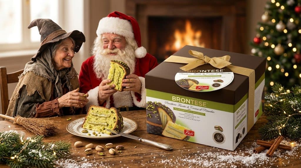 Pistì Sicilian pistachio Panettone with gift box and Christmas setting.