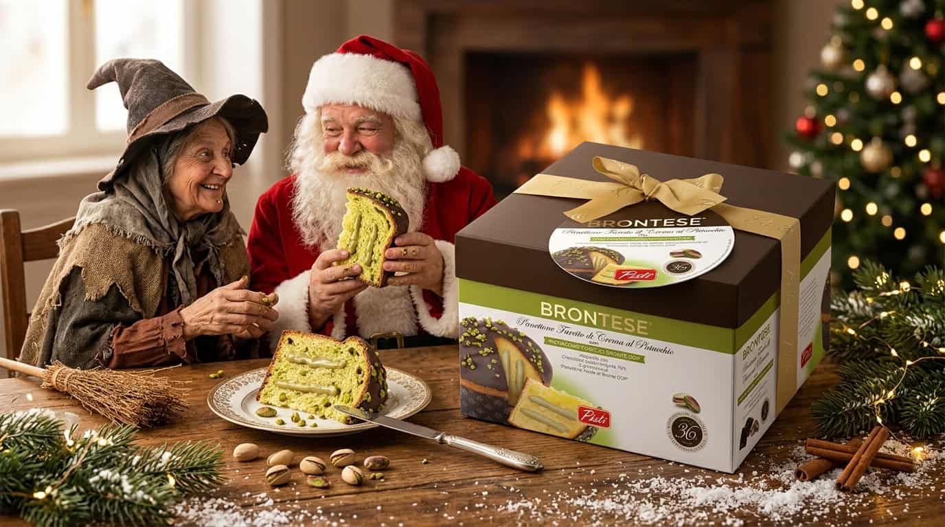 Pistì Sicilian pistachio Panettone with gift box and Christmas setting.