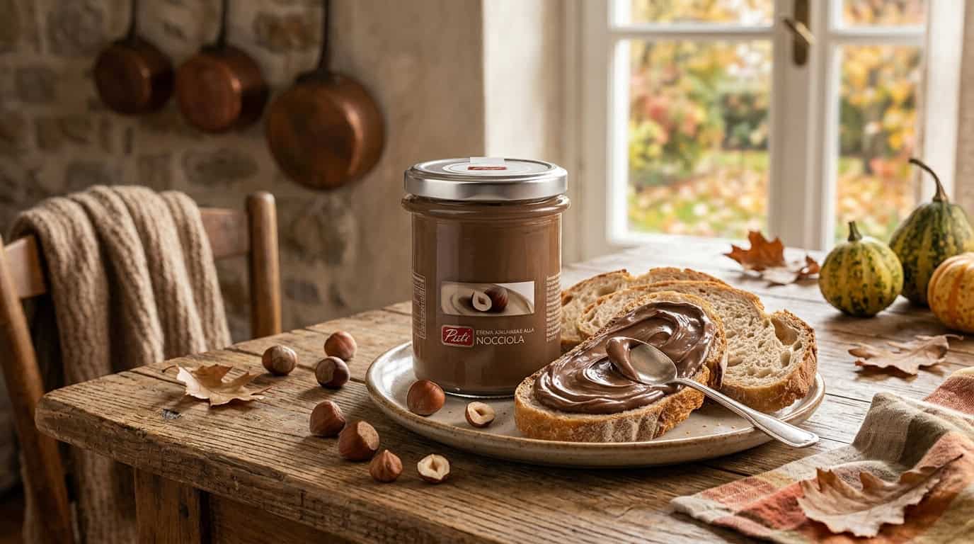 Pistì Sicilian pistachio spread with bread and hazelnuts on rustic table.