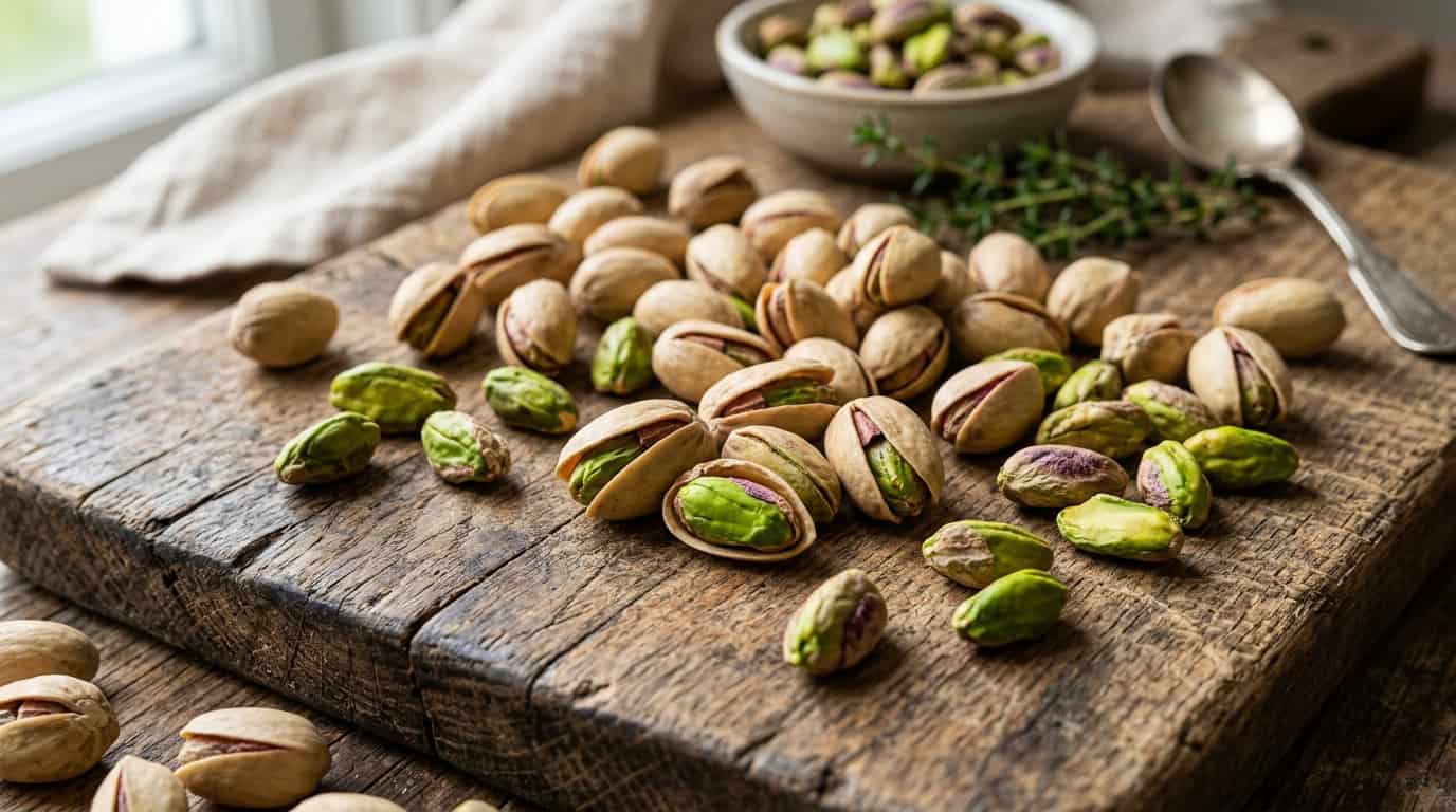 Pistì Sicilian pistachio on rustic wooden surface with bowl of pistachios.