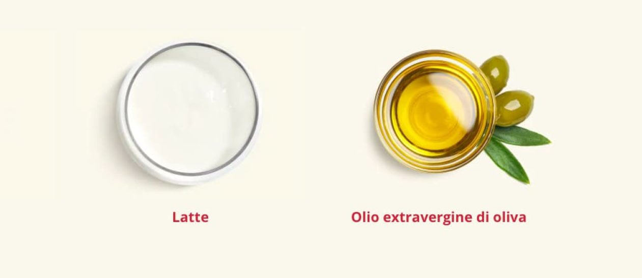 Glass of milk and a bowl of extra virgin olive oil with olives and leaves.